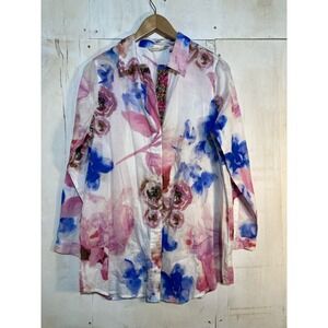 Soft Surroundings Shirt Womens L White Pink Blue Floral Embroidered Cotton Tunic